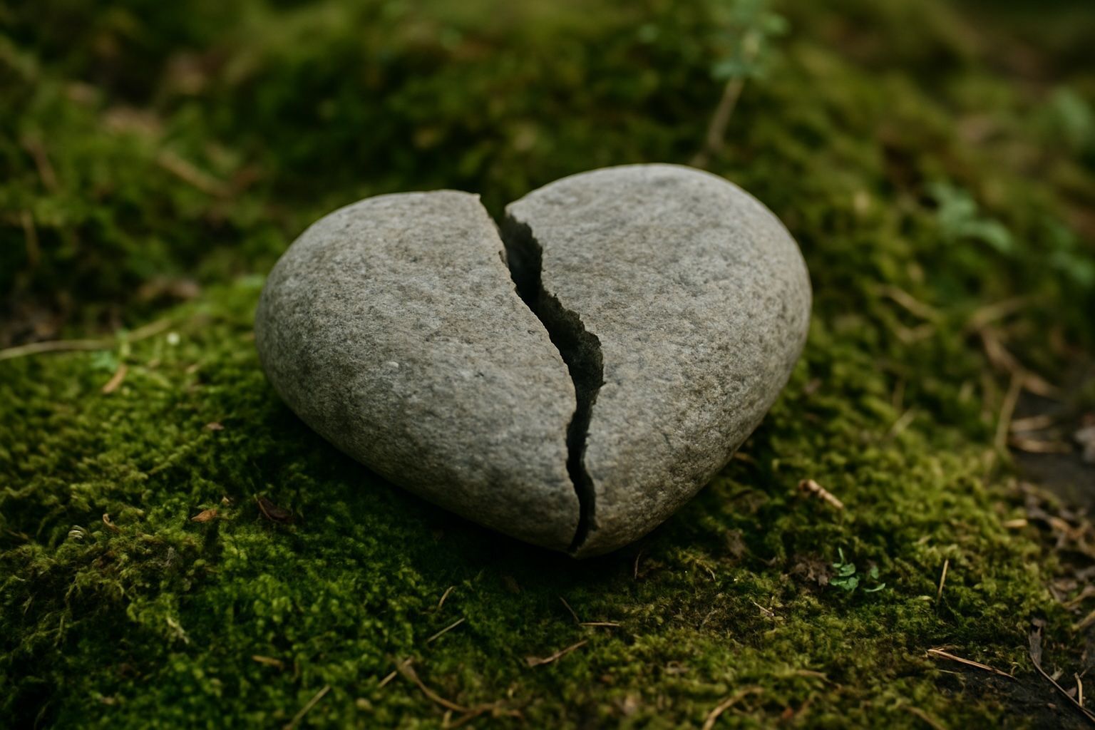 Ein gesprungener Stein auf weichem Grund. Bruch und Halt – sichtbar, aber nicht zerstört.