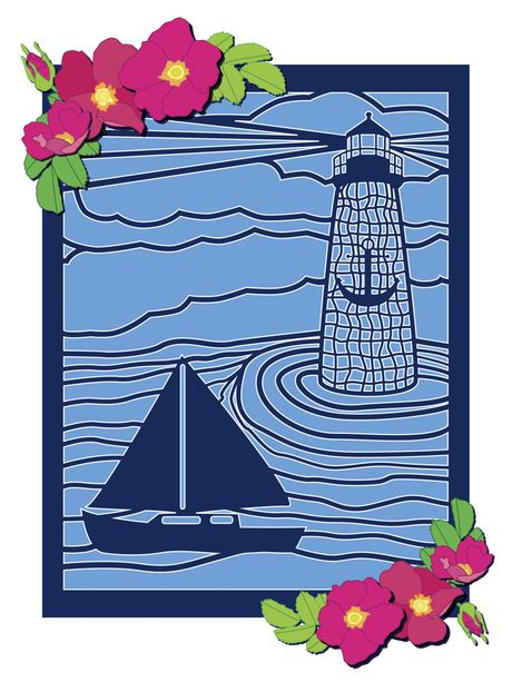 Digital illustration of a lighthouse and sailboat