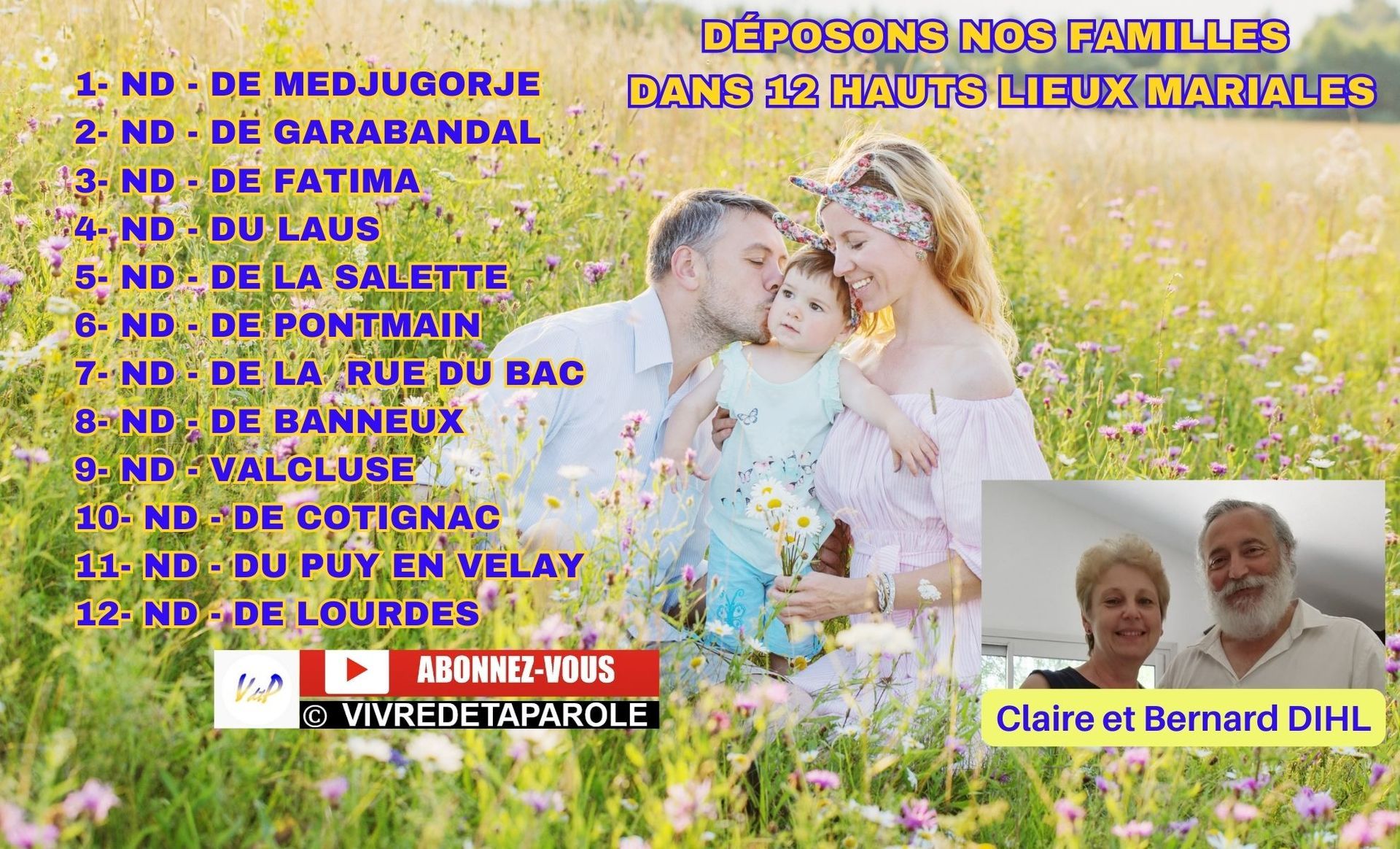 CLIQUEZ SUR LA PHOTO POUR EN SAVOIR PLUS 2024-2025 Pèlerinages
Pourquoi, Comment, Où, Qui,
Aimerais-tu découvrir un projet exceptionnel et même y participer ? Tu vas découvrir dans les lignes qui suivent tout dans les moindres détails :
Depuis 40 ans, par la grâce de Dieu, j'ai eu le privilège de voir Dieu à l'œuvre et à chaque fois cela à changer la vie d'une multitude de personnes. Toutes ont pu constater que l'annonce de l'Évangile a toujours été suivi de signes et de prodiges dans la vie de ceux qui ont accepté de partager cette annonce.
La construction du corps du Christ et son édification dans la sainteté pour les croyants ont toujours été au cœur de mes préoccupations.
Avec le Christ je me suis investi sans compter : la fatigue, les heures au téléphone, le temps de présence sur internet, et aussi le temps lors de rassemblements importants. À Lui soit toute la gloire !
« Non pas à nous, Éternel, non pas à nous, mais à ton nom donne gloire,
À cause de ta bonté, à cause de ta fidélité ! »
(Psaumes 115:1)