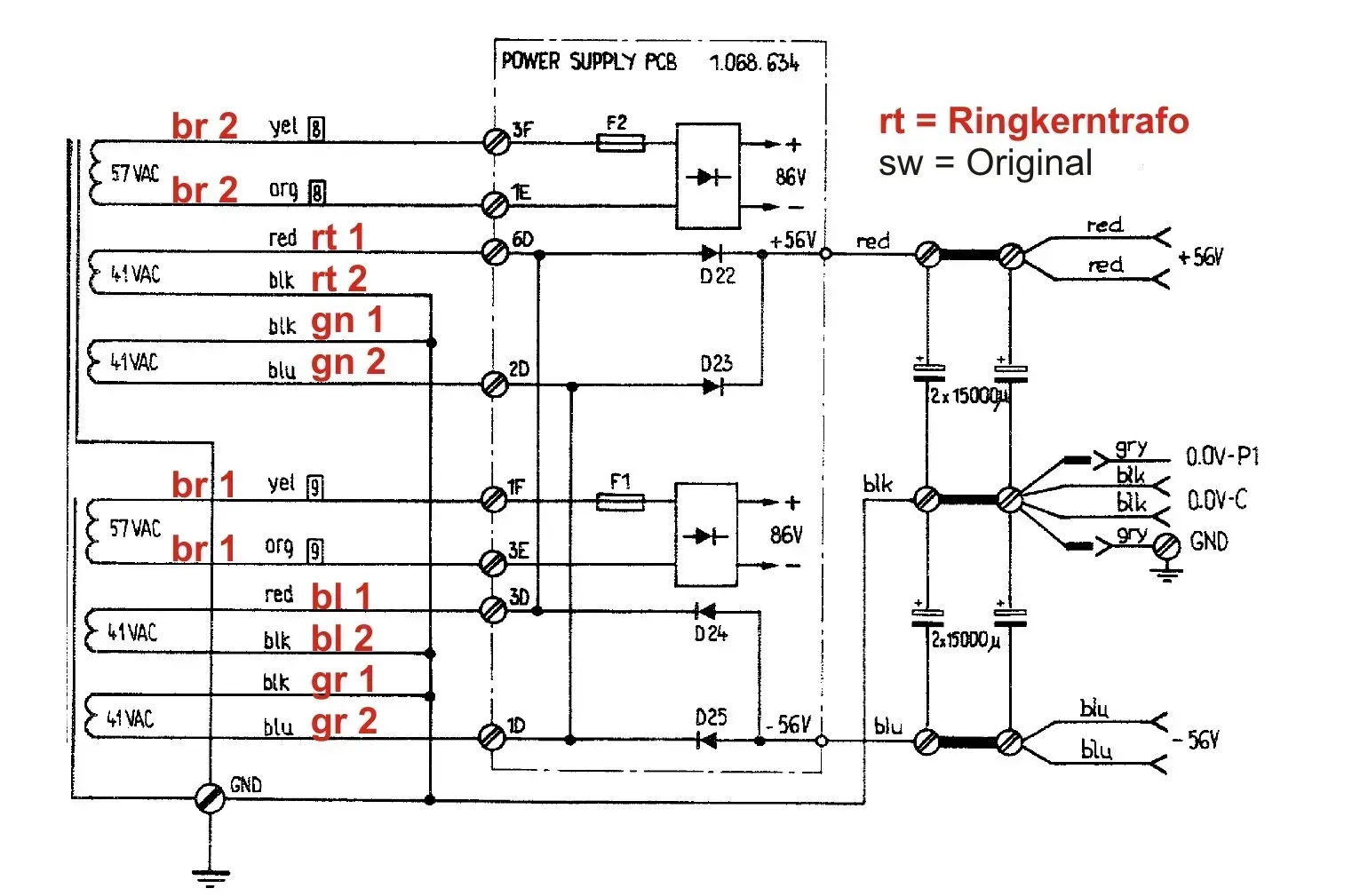 Circuit diagram with original connections of the Revox transformer and the connections of the Premium-Hifi transformer Circuit diagram with original connections of the Revox transformer and the connections of the Premium-Hifi transformer