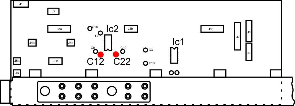 Die Position der Kondensatoren C12, C22 der Revox A700, die ausgelötet werden müssen, Premium-Hifi Die Position der Kondensatoren C12, C22 der Revox A700, die ausgelötet werden müssen, Premium-Hifi