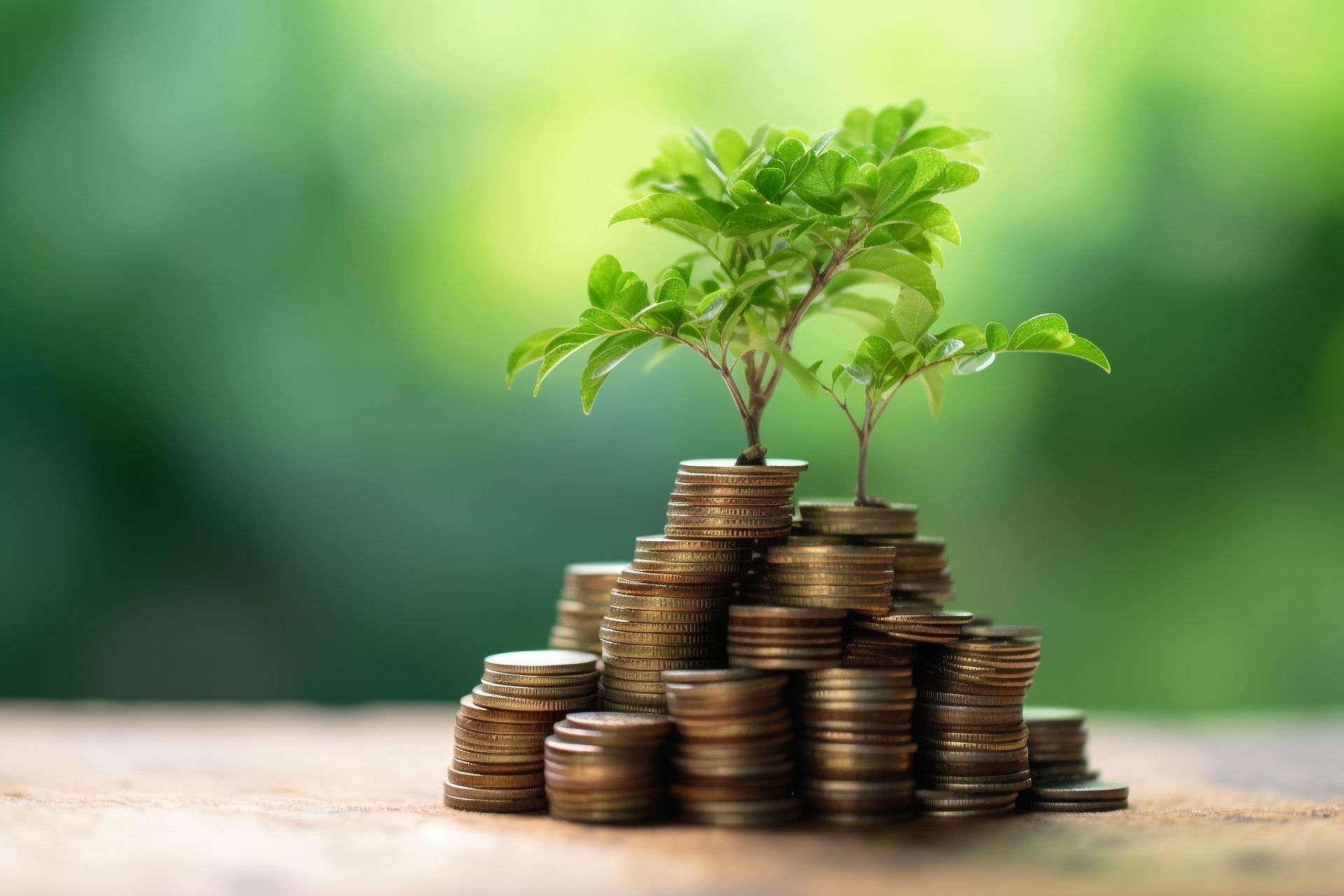 Mehrere Stapel aus Geldmünzen aus denen ein Baum wächst