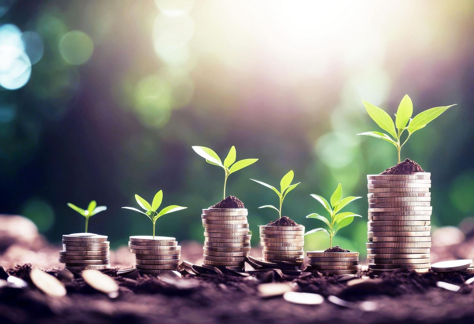 Münzen die auf der Erde liegen und aus denen eine Pflanze wächst