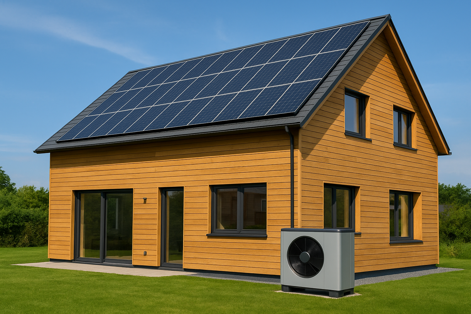 Ein Holzhaus mit Wärmepumpe und Photovoltaik-Anlage auf dem Dach