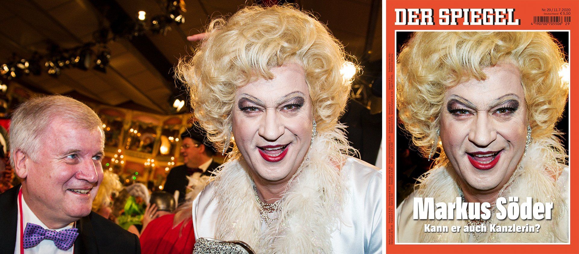 Bayerns Finanzminister Markus Söder posiert am 01.02.2013 als Marilyn Monroe verkleidet neben Bayerns Ministerpräsident Horst Seehofer (l, beide CSU) auf der Prunksitzung des Fränkischen Fastnachtsverbandes