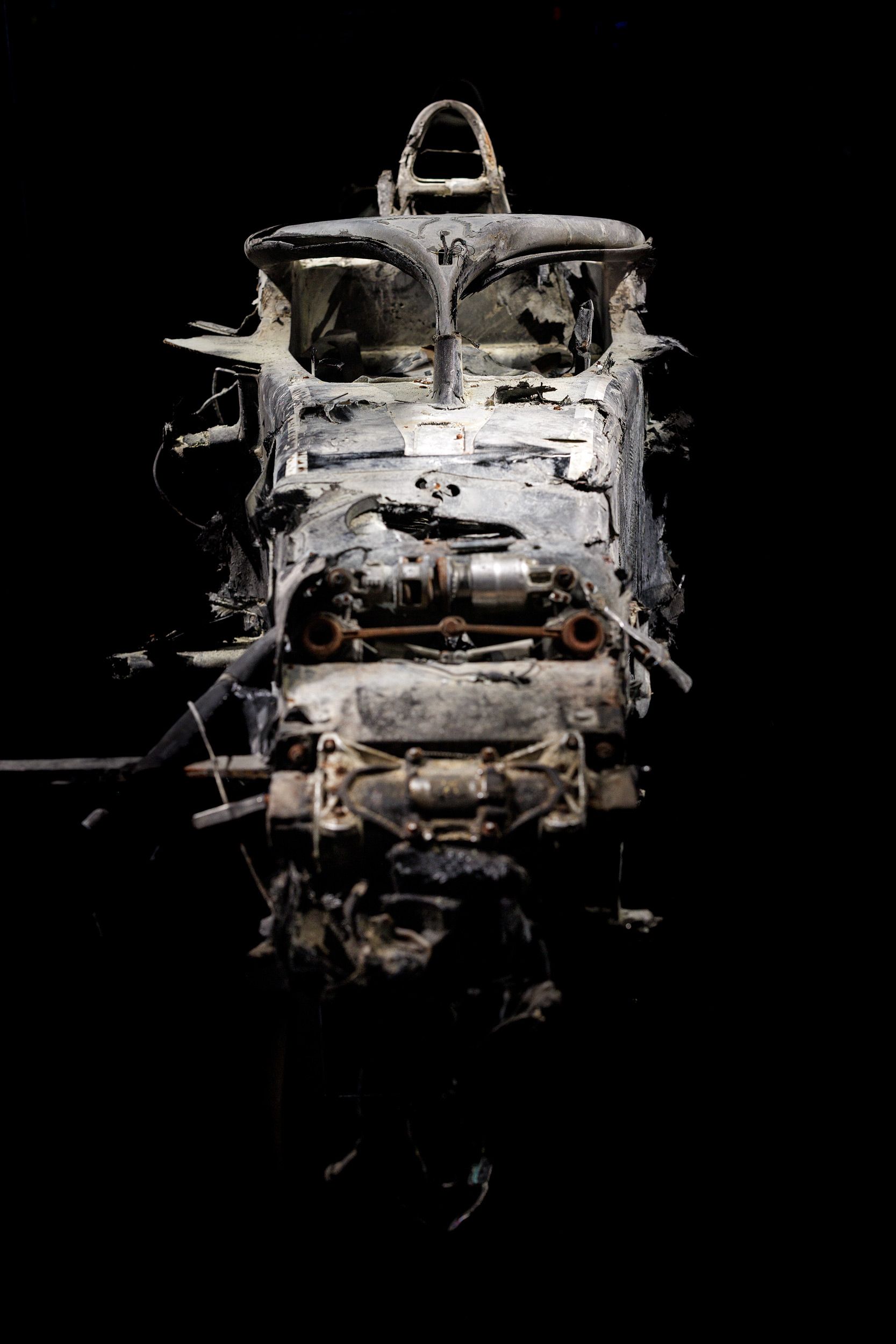 The burnt-out chassis of the Haas VF-20, in which Romain Grosjean survived his serious fire accident at the 2020 Bahrain Grand Prix.