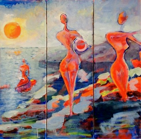 Oeuvre d'art contemporain | Les baigneuses | Tryptique |75x75 cm