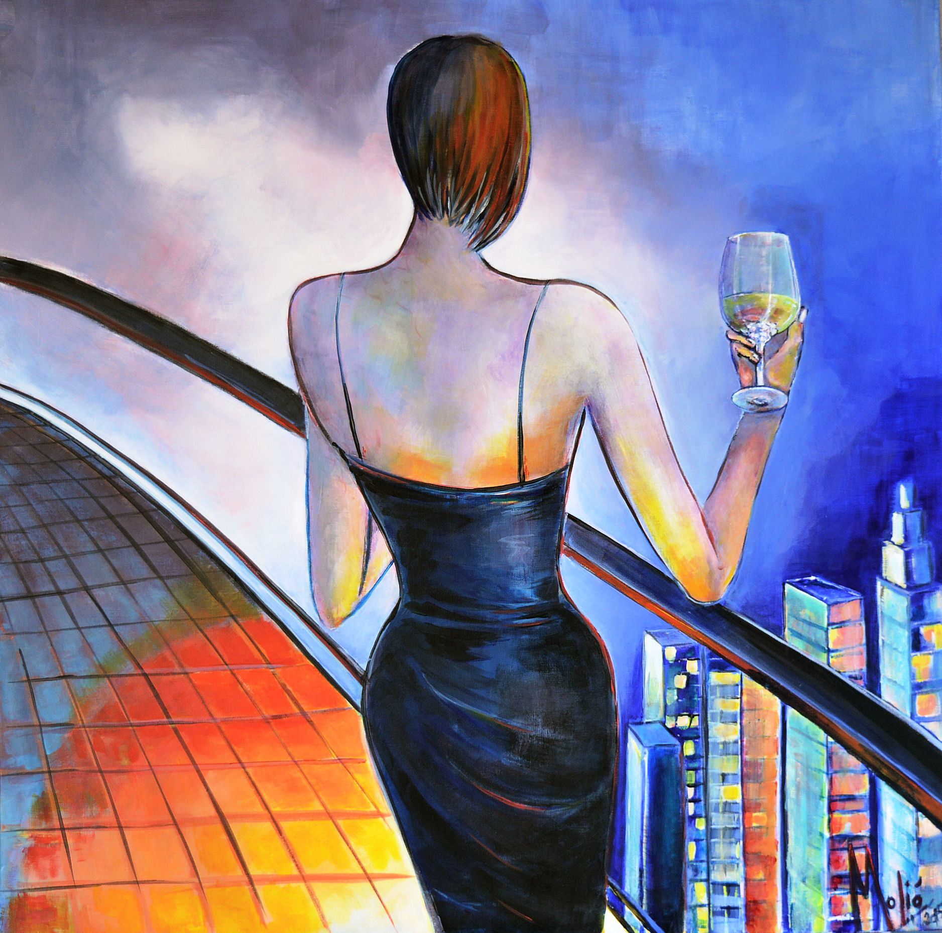 NY, femme en terrasse à NY dégustant un verre de vin