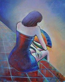 Rêverie,  femme sur un toit terrasse avec un éventail