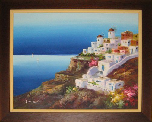 Vacation Painting from Greece Painting of a hillside of Greek houses by the water framed in a walnut outer frame and yellow inner frame