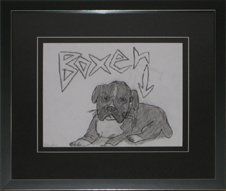 Boxer Dog Charcoal Sketch Boy's charcoal sketch of the family's boxer dog is framed in a black frame with black mats