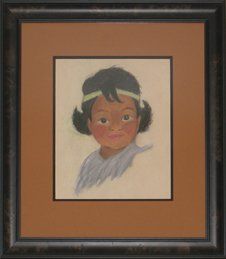 Aboriginal Girl Pastel Portrait Pastel portrait of a young aboriginal girl framed in a brown burlwood frame with cinnamon brown and black mats