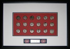 Shadow box with  vintage Coke bottle caps of 1964-65  Montreal Canadiens players Coke bottle caps with images of 1964-65 Montreal Canadiens players framed in a black shadow box with white, red, and blue mats