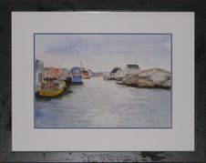 Watercolour of a fishing village harbour framed in a charcoal distressed frame with white and blue mats