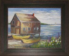 Painting of two yellow dories beside a fishing shack framed in a brown outer frame and green inner frame