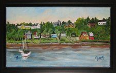 Painting of a white sailboat on a rural waterfront framed in a black floater frame