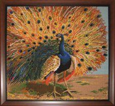 Needlepoint of a peacock spreading its tail feathers framed in a brown beaded frame