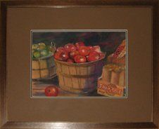 Baskets of Apples Watercolour by Barb Peart Watercolour of baskets of red and green apples framed in a brown distressed frame with brown and green mats