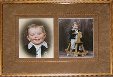 Boy's portrait and photo of him on a rocking horse framed in a bronze frame with matching fillet and brown suede mats