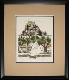 Pen & Ink of Chateau Frontenac framed in a black bevel frame with tan and black mats