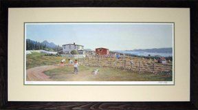 'Saturday Afternoon' Ltd. Edition Print by Lloyd Pretty Print of a rural scene in Newfoundland framed in a brown rustic frame with cream and green mats