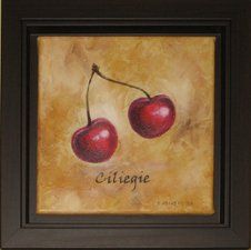 Cherries Painting Painting of 2 red cherries with a gold variegated background framed in a brown floater and cap frame