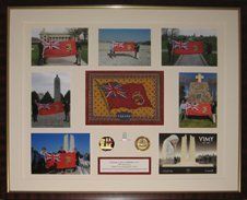 Photos from 100th anniversary of  the Battle of Vimy Ridge pilgrimage, Canadian Red Ensign, medallions framed in a mahogany shadow box with cream mats