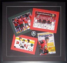 2012-2013 Halifax Mooseheads hockey memorabilia shadow box Signed photos from 2012-13 Halifax Mooseheads, Prospects magazine, hockey puck framed in a black shadow box with black mats