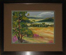 Painting of trees and a field framed in a brown distressed frame with brown and green mats