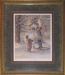 'Faithful Friends' Ltd. Edition Print by Trisha Romance Print of a brother & sister at a bird feeder framed in a gold ornate frame and fillet with grey suede and burgundy mats