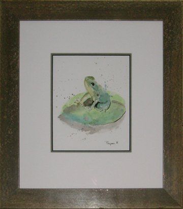 Whimsical frog watercolour framed in a variegated green and taupe frame with a white top mat and green accent mat that had its bevel painted black