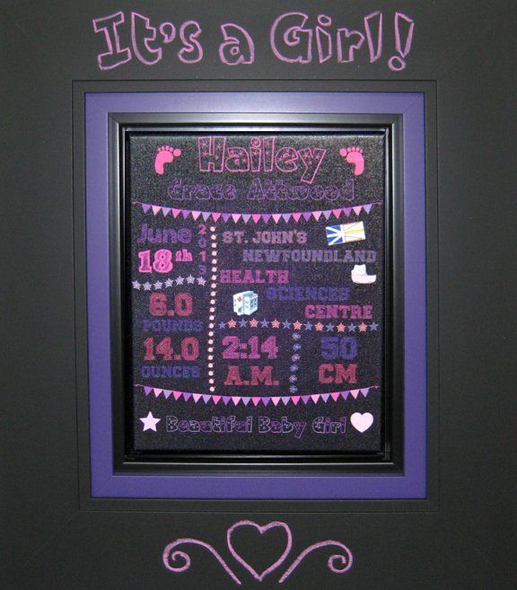 A baby girl canvas birth announcement framed with a purple frame and a personalized chalkboard frame