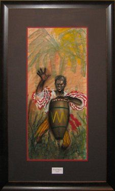 Pastel of a calypso musician playing a conga drum framed in a brown scoop frame with brown and red mats