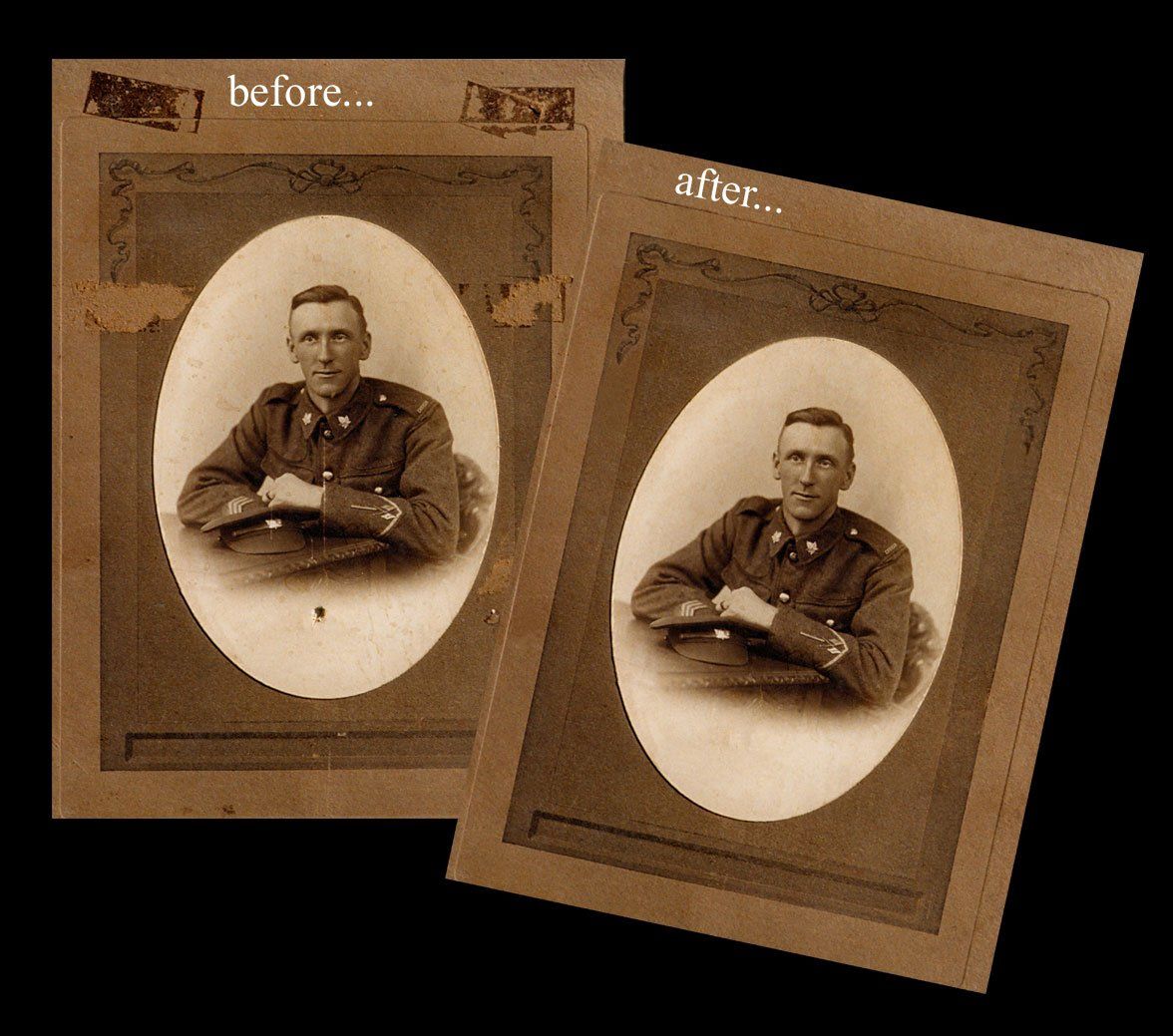Before and after of a vintage sepia photo that has been restored