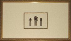 Gold and amethyst stone brooch and earrings framed in a gold shadow box with cream parchment mats and gold fillet