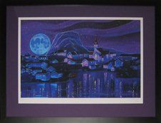 Print of a whimsical harbour scene of vibrant purples and mauves framed in a black frame with purple mat
