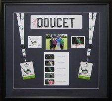 2012 Telus Worlds Skins Tournament memorabilia shadow box Pennant, VIP passes, signed golf player card, program page framed in a black shadow box with navy blue mats