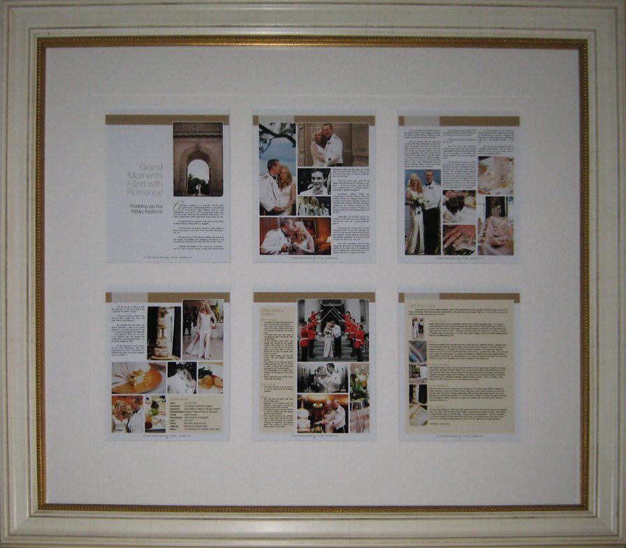 A set of six wedding article pages framed in an antique white and gold frame with white fabric mat