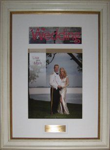 Wedding magazine name and article title page displayed in an antique white frame with gold bead accent and white linen mat