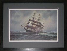 'Wm. D. Lawrence' Ltd. Edition Print by J. Franklin Wright Print of a schooner on rough waters framed in a dark blue rustic frame with grey mats