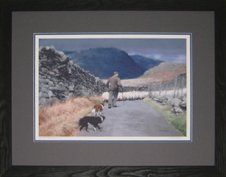 Welsh Countryside Ltd. Edition Print Print of a farmer and 2 dogs herding sheep on a country road framed in a black rustic frame with dark grey mats