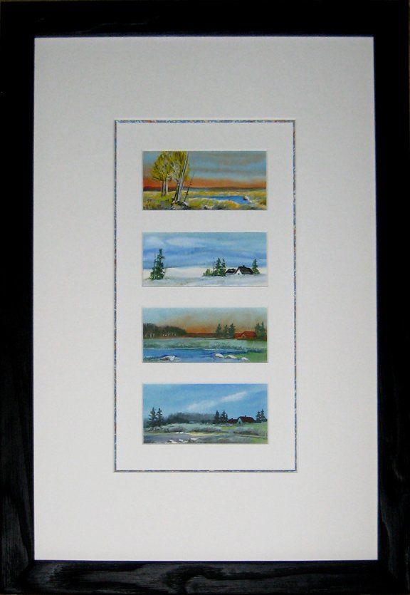 A set of 4 small watercolours framed in a black rustic frame with white mats and hand-painted bevel