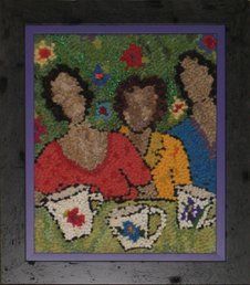 Hooked Rug of Three Women with Coffee