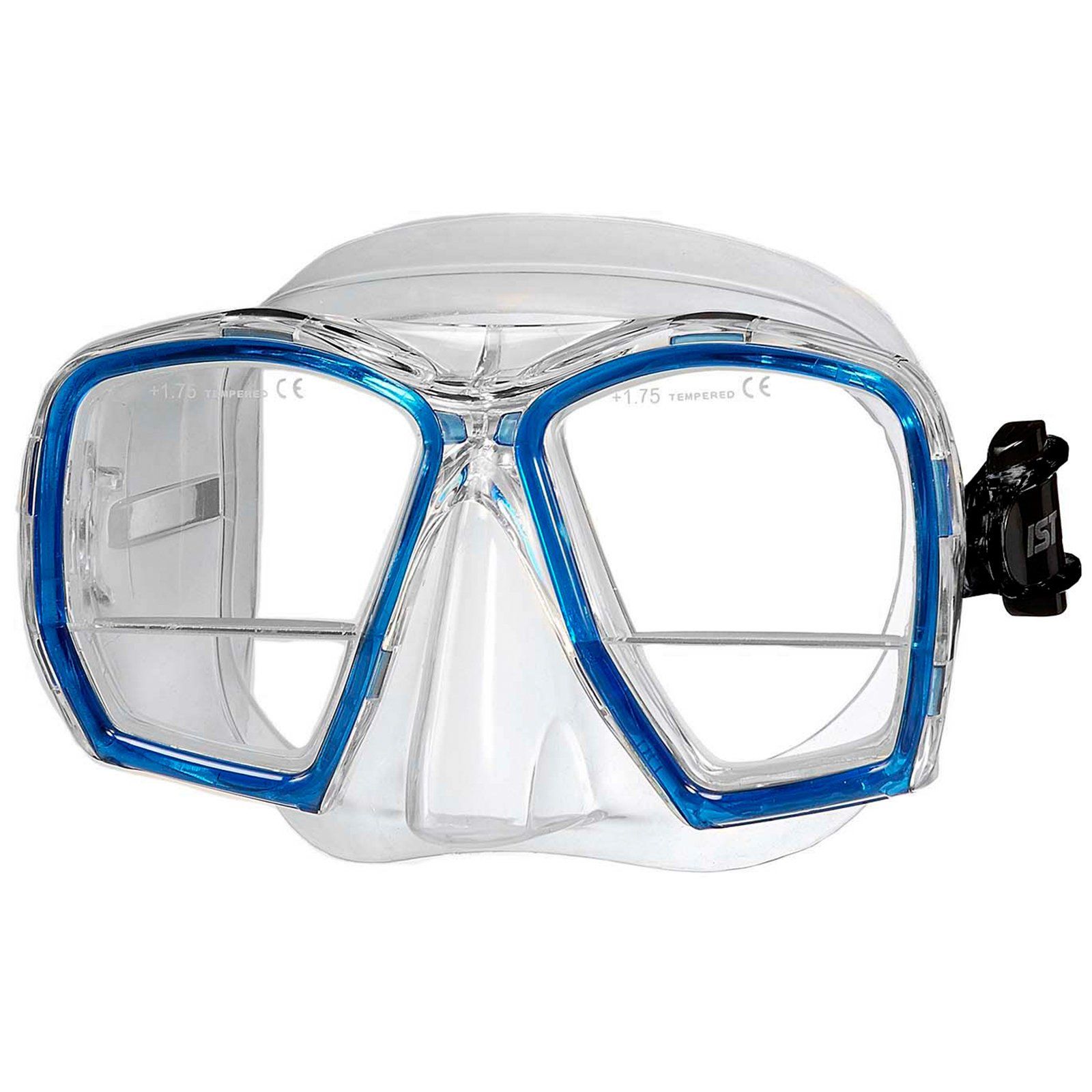 IST  Twin lens mask with built-in bifocal lens (+1.75).
Details from manufacturers site :-
Twin lens mask with built-in bifocal lens (+1.75).
¨          Magnifying lenses at an angle to improve downward vision providing magnification.
¨        Available in Black or Transparent with blue accent.
Having problems reading your instruments underwater .
This mask allows you to see them clearly again , the lenses allow a full view forwards with a plain glass being fitted , simply move your eyes to the bottom portion and by moving your instruments and adjusting the position they will instantly become clearer again
Comes complete with plastic IST box for storage .
 