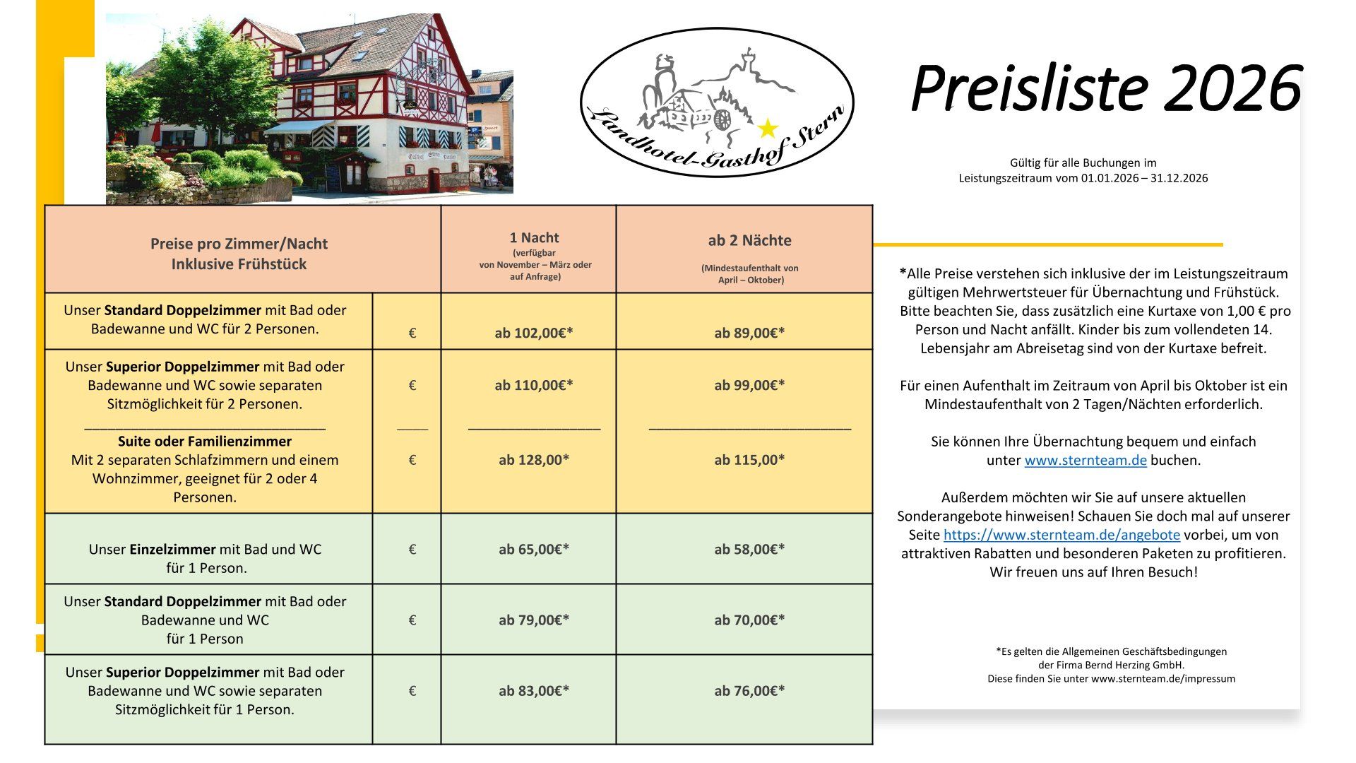 Preisliste 2026 Preisliste für das Jahr 2026 für Hotelübernachtungen