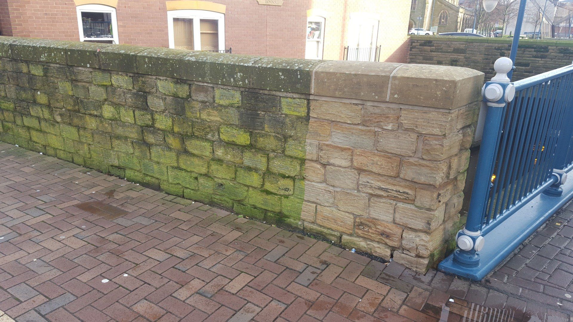 Heavy algae on natural stone wall before and after steam cleaning