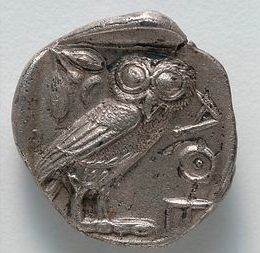 Tetradrachm: Head of Athena (obverse); Owl (reverse), 449–440 BC. Greek, minted at Athens (Attica). Silver; diameter: 2.3 cm (7/8 in.). Accession number: 1941.296.