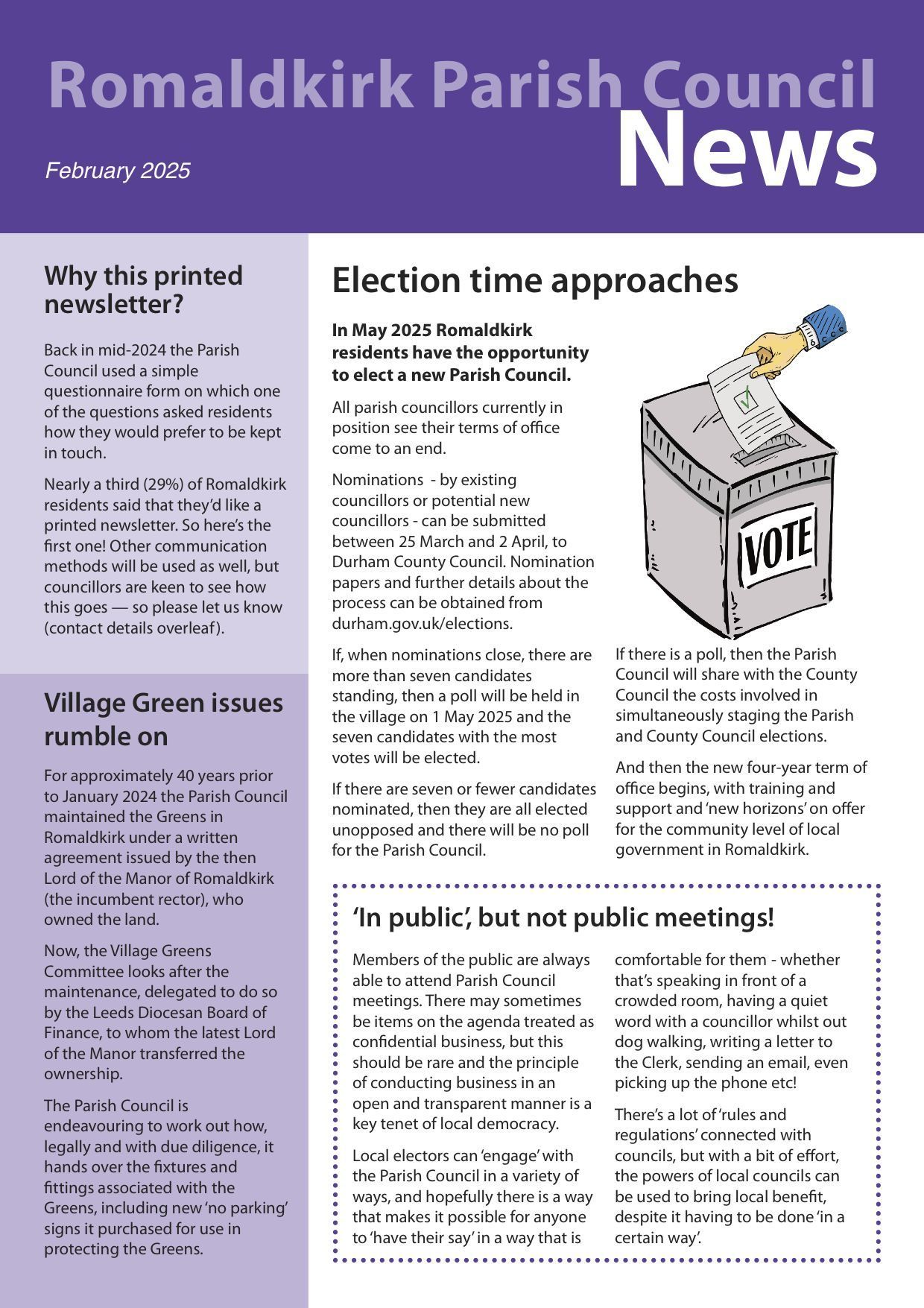 Cover of Romaldkirk Parish Council News, February 2025