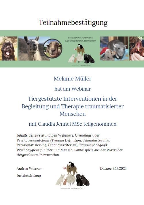 Tiergestützte Intervention in der Begleitung und Therapie traumatisierter Menschen Tiergestützte Intervention in der Begleitung und Therapie traumatisierter Menschen