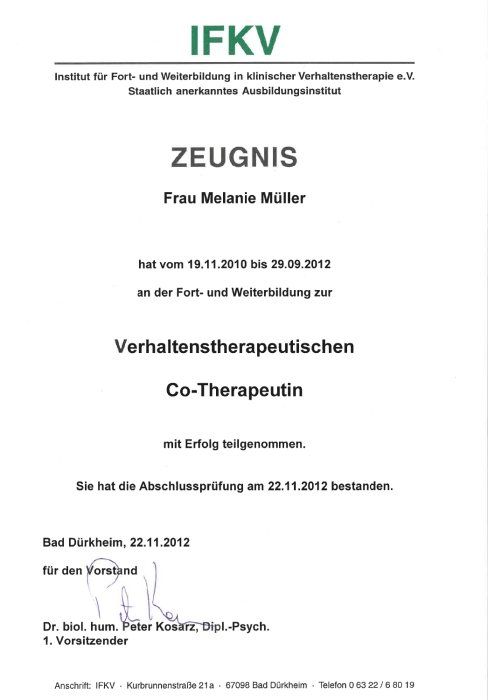 Verhaltenstherapeutische Co-Therapeutin Verhaltenstherapeutische Co-Therapeutin